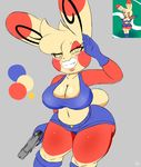  anthro before_and_after big_breasts blush boots breasts cleavage clothed clothing color_swatch fan_character female footwear gloves gun hair kirbot12 midriff navel nintendo nipple_slip nipples pok&eacute;mon pok&eacute;morph ranged_weapon salute simple_background spinda spiral_eyes thick_thighs video_games weapon wide_hips 