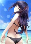  ass beach bikini blue_sky butt_crack cloud day from_behind green_eyes highres long_hair looking_back nemu_(nebusokugimi) ocean outdoors persona persona_5 purple_hair sky smile solo sun swimsuit tougou_hifumi water 