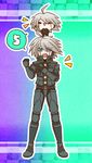  :d ahoge android aqua_background blue_eyes chibi clenched_hand countdown danganronpa dual_persona full_body gradient gradient_background hand_on_own_chest hands_on_hips keebo male_focus multiple_boys new_danganronpa_v3 open_mouth power_armor purple_background silver_hair simple_background smile spoken_number standing_on_head triangle_mouth v-shaped_eyebrows yumaru_(marumarumaru) 