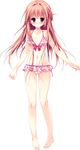  :o absurdres barefoot bikini bikini_skirt blush bow_bikini braid floral_print french_braid frilled_bikini frills full_body hair_intakes hatsuhime_iroha highres koko_kara_natsu_no_innocence! long_hair looking_at_viewer navel pink_hair purple_eyes sesena_yau simple_background solo swimsuit white_background 