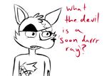  2015 animatronic anthro canine dialogue english_text exposed_endoskeleton eye_patch eyewear five_nights_at_freddy&#039;s fox foxy_(fnaf) inkyfrog machine male mammal restricted_palette robot simple_background solo text video_games white_background 