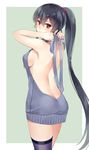  asymmetrical_legwear backless_dress backless_outfit bare_back black_hair blue_background blush border breasts cowboy_shot dress eyebrows_visible_through_hair hair_between_eyes halterneck ichinomiya_(blantte) kantai_collection long_hair looking_at_viewer medium_breasts meme_attire naked_sweater outside_border pink_scrunchie ponytail red_eyes scrunchie sideboob simple_background single_thighhigh solo sweater sweater_dress thighhighs very_long_hair virgin_killer_sweater white_border yahagi_(kantai_collection) 