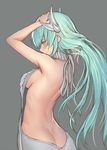  adjusting_hair arms_up ass back backless_dress backless_outfit bare_back blush breasts dimples_of_venus dress eyebrows_visible_through_hair fate/grand_order fate_(series) from_behind green_hair halterneck horns kiyohime_(fate/grand_order) long_hair looking_back medium_breasts meme_attire naked_sweater oukawa_yuu sideboob simple_background smile solo sweater sweater_dress turtleneck turtleneck_sweater virgin_killer_sweater yellow_eyes 