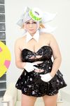  1girl asian breasts chouzuki_maryou cleavage cosplay domino_mask female hotaru_(splatoon) hotaru_(splatoon)_(cosplay) large_breasts mask photo plump pointy_ears short_hair solo splatoon 