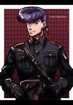  argyle argyle_background character_name earrings hands_in_pockets heart higashikata_jousuke io_(ike_ike) jewelry jojo_no_kimyou_na_bouken lapel_pin letterboxed male_focus military military_uniform peace_symbol pompadour purple_eyes purple_hair smile solo stud_earrings uniform 