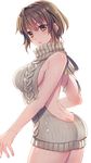  ass backless_dress backless_outfit bad_id bad_pixiv_id bare_back breasts brown_eyes brown_hair butt_crack cowboy_shot dress halterneck kairi_(strawberry_drop) large_breasts looking_at_viewer meme_attire naked_sweater original sideboob simple_background solo sweater sweater_dress turtleneck turtleneck_sweater virgin_killer_sweater white_background 