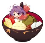  ahoge anmitsu_(dessert) banana beans bowl chibi d: falling flying_sweatdrops food fruit headwear_removed ice_cream in_bowl in_container in_food japanese_clothes kimono long_sleeves minigirl obi open_mouth purple_hair red_eyes sash short_hair simple_background solo strawberry sukuna_shinmyoumaru tama_(soon32281) touhou white_background wide_sleeves 