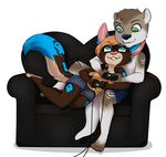  anthro canine clothed clothing duo female hug male male/female mammal mustelid otter redpixie sitting slightly_chubby smile video_games 