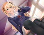  blonde_hair classroom desk dutch_angle green_eyes indoors long_hair nayuta69 on_desk original parted_lips school_desk school_uniform sitting sitting_on_desk smile solo thighhighs twintails window 