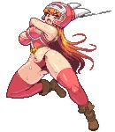  ankle_boots armlet armor bare_shoulders belt boots breasts brown_footwear brown_gloves brown_hair cleavage collarbone daisy_(dq) dragon_quest dragon_quest_yuusha_abel_densetsu full_body gloves helmet horned_helmet kneehighs large_breasts long_hair looking_at_viewer lowres open_mouth orange_eyes panties pixel_art solo sword thighhighs transparent_background underwear weapon yumura_kino 