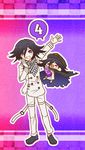  black_hair buttons cape checkered checkered_scarf chibi closed_eyes countdown danganronpa dual_persona fanta floating full_body gradient gradient_background grin hat looking_at_viewer male_focus multiple_boys new_danganronpa_v3 open_mouth ouma_kokichi peaked_cap pink_background purple_background purple_eyes scarf simple_background smile soda_bottle spoken_number straitjacket torn_cape yumaru_(marumarumaru) 