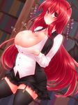 bad_id bad_pixiv_id bangs black_legwear black_skirt black_vest blush bookshelf bouncing_breasts breasts cleavage closed_mouth commentary_request cowboy_shot demekyon demon_girl demon_wings dress_shirt from_side garter_straps head_wings koakuma large_breasts long_hair long_sleeves looking_at_viewer looking_to_the_side miniskirt open_clothes open_vest red_eyes red_hair shirt sidelocks skirt skirt_set smile solo thighhighs touhou translation_request undersized_clothes very_long_hair vest white_shirt wings 