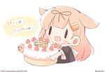  :d birthday_cake blonde_hair cake commentary_request cream cream_on_face fang food food_on_face fruit hair_flaps hair_ornament hair_ribbon hairclip happy_birthday kantai_collection long_hair momoniku_(taretare-13) open_mouth remodel_(kantai_collection) ribbon scarf school_uniform serafuku smile strawberry the_yuudachi-like_creature tongue tongue_out twitter_username white_scarf yuudachi_(kantai_collection) |_| 