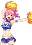  :d arm_up armband armpits bangs bare_shoulders blue_skirt blush breasts buttons cheerleader cleavage cleavage_cutout clothes_writing contrapposto cowboy_shot crop_top frills hair_between_eyes hair_ornament hair_ribbon halterneck happy highres holding horosuke_(toot08) legs_apart medium_breasts medium_hair midriff miniskirt navel nihon_joshikousei_zukan one_side_up open_mouth otosaka_himawari outstretched_arm plaid plaid_ribbon pom_poms purple_hair red_eyes red_ribbon ribbon shiny shiny_skin simple_background skirt smile solo standing striped striped_legwear thighhighs turtleneck white_background white_legwear 
