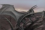  ambiguous_gender claws detailed_background digital_media_(artwork) dragon dsw7 feral horn membranous_wings nude sky solo standing wings 