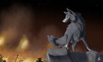  ambiguous_gender canine claws detailed_background digital_media_(artwork) dsw7 feral fire fur grey_fur mammal night nude outside sky solo standing star starry_sky wolf 
