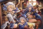  ahoge bangs bare_shoulders barrel bending_forward beret between_legs black_legwear blonde_hair blue_eyes braid breast_press breasts camieux cleavage cow_horns crop_top crossed_legs cucouroux_(granblue_fantasy) draph granblue_fantasy gun hair_between_eyes hair_ribbon hand_between_legs hat himuro_(dobu_no_hotori) horns indoors large_breasts long_hair long_sleeves looking_at_viewer low_twintails medium_breasts midriff miniskirt multiple_girls navel one_eye_closed open_mouth pointy_ears ribbon rifle salute siblings silva_(granblue_fantasy) silver_hair sisters sitting skirt smile sniper_rifle swept_bangs thighhighs twin_braids twintails very_long_hair weapon window wooden_floor wooden_wall yellow_eyes 