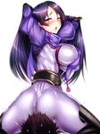  1boy 1girl absurdres armor ass black_hair blush bodysuit breasts erect_nipples fate/grand_order fate_(series) highres large_breasts long_hair looking_at_viewer looking_back minamoto_no_raikou_(fate/grand_order) minamoto_no_yorimitsu_(fate/grand_order) naughty_face open_mouth parted_lips purple_eyes purple_hair shiny shiny_clothes shiny_hair short_hair sideboob sitting_on_face sitting_on_person smile sweat very_long_hair 