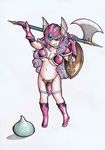  armor bikini_armor blue_eyes breasts cleavage dragon_quest dragon_quest_iii gloves helmet highres large_breasts long_hair norita_(6110885) shield slime soldier_(dq3) winged_helmet 