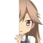  :3 arashio_(kantai_collection) blush brown_eyes brown_hair commentary_request eyebrows_visible_through_hair kantai_collection long_hair looking_at_viewer nagineko peeking_out remodel_(kantai_collection) school_uniform solo transparent_background 