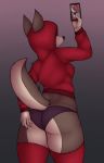  2018 anthro big_butt butt canine clothing curtain_doggo_(photonoko) digital_media_(artwork) dog female fur grey_background grey_fur hand_on_butt hi_res hoodie leggings legwear mammal panties phone simple_background solo thermalcake thick_thighs underwear wide_hips 