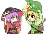  1girl belt blonde_hair bowl bowl_hat elf ezlo hat japanese_clothes kimono link long_sleeves obi object_on_head open_mouth pointy_ears purple_hair sash shield short_hair sukuna_shinmyoumaru sword the_legend_of_zelda the_legend_of_zelda:_the_minish_cap toon_link touhou trait_connection weapon wide_sleeves yudaoshan 