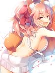 animal_ears ass back backless_dress backless_outfit bare_back bare_shoulders blush breasts butt_crack dress fate/grand_order fate_(series) fox_ears fox_tail hair_ribbon halterneck large_breasts long_hair looking_at_viewer meme_attire naked_sweater open_mouth pink_hair red_ribbon ribbon sazaki_ichiri sideboob simple_background smile solo sweater sweater_dress tail tamamo_(fate)_(all) tamamo_cat_(fate) virgin_killer_sweater white_background white_sweater yellow_eyes 