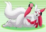  2014 anthro belly berry bjkgreywolf black_lips breasts claws eyelashes female fluffy fluffy_tail food fruit fur green_background half-closed_eyes looking_at_viewer lying navel nintendo nipples nude on_side open_mouth pecha_berry pok&eacute;mon red_eyes simple_background slightly_chubby solo video_games white_fur zangoose 