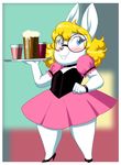  anthro beverage blonde_hair blue_eyes blush buckteeth clothed clothing collar crovirus cute dress eyewear female footwear glasses hair high_heels lagomorph looking_away mammal rabbit shoes short shortstack slightly_chubby solo teeth thick_thighs tray waiter watch 