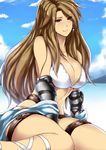  bare_shoulders belt beltskirt breasts brown_eyes brown_hair cleavage closed_mouth collarbone commentary_request day earrings gauntlets granblue_fantasy jewelry katalina_aryze large_breasts long_hair looking_at_viewer navel sitting smile solo stomach thigh_strap tobisawa 