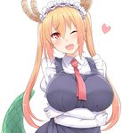  ;d bangs blush breast_hold breasts commentary dragon_girl dragon_horns dragon_tail elbow_gloves fang gloves hair_between_eyes hasu_(hk_works) heart horns kobayashi-san_chi_no_maidragon large_breasts long_hair looking_at_viewer maid maid_headdress one_eye_closed open_mouth orange_hair puffy_short_sleeves puffy_sleeves red_eyes short_sleeves slit_pupils smile solo tail tooru_(maidragon) twintails upper_body white_gloves 