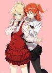  alternate_costume black_skirt blonde_hair blush bow bowtie buckle closed_eyes cowboy_shot dress_shirt fate/apocrypha fate/grand_order fate_(series) frilled_cuffs fujimaru_ritsuka_(female) green_eyes hair_ornament hair_scrunchie hand_on_own_chin hands_on_another's_shoulders highres kerorira layered_skirt leg_up long_sleeves mordred_(fate) mordred_(fate)_(all) multiple_girls one_side_up orange_hair pantyhose pink_background ponytail red_scrunchie red_skirt red_vest scrunchie shirt simple_background skirt smile twitter_username vest white_shirt yellow_scrunchie 