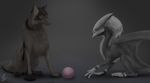  ambiguous_gender canine claws digital_media_(artwork) dragon dsw7 duo feral fur grey_background grey_fur hair mammal membranous_wings nude paws simple_background sitting standing white_hair wings wolf 