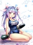  :d barefoot blue_hair blue_swimsuit breasts cleavage covered_navel gradient_hair hair_ribbon highres i-19_(kantai_collection) kantai_collection large_breasts long_hair looking_at_viewer multicolored_hair name_tag omoomomo one-piece_swimsuit open_mouth red_eyes ribbon school_swimsuit sitting smile solo star swimsuit symbol-shaped_pupils tri_tails twintails wariza 