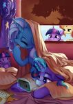 2017 absurd_res bed bedding blanket cellphone doll equestria_girls equine female feral friendship_is_magic group hair hat hi_res horn horse luciferamon magic mammal multicolored_hair my_little_pony phone pillow pony smile starlight_glimmer_(mlp) sunset_shimmer_(eg) tongue tongue_out trixie_(mlp) twilight_sparkle_(mlp) two_tone_hair unicorn wings wizard_hat 
