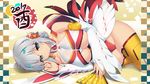  2017 android artist_name bangs bare_shoulders blue_eyes breasts camellia chicken_costume chinese_zodiac cleavage closed_mouth collarbone commentary_request dangan_neko detached_sleeves eyebrows_visible_through_hair fan flower folding_fan grey_hair hair_flower hair_ornament halterneck highleg highres kanzashi large_breasts leotard light_smile looking_at_viewer lying on_side oppai_mochi orange_legwear original red_flower red_leotard russia_(dangan_neko) sidelocks signature silver_hair smile solo symbol-shaped_pupils thighhighs thighs underboob wallpaper year_of_the_rooster 