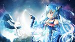  &gt;_&lt; ahoge arms_up bad_id bad_pixiv_id blue_eyes blue_hair bunny closed_eyes constellation detached_sleeves dress fingerless_gloves gloves hair_ornament hairclip hatsune_miku highres long_hair scarf shinoba smile star_(sky) twintails very_long_hair vocaloid wand yuki_miku yukine_(vocaloid) 