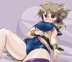  blue_swimsuit blush bracelet breasts brown_eyes brown_hair commentary_request earmuffs jewelry large_breasts lying on_back school_swimsuit solo swimsuit swimsuit_under_clothes touhou toyosatomimi_no_miko winn 