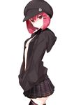  ariaria_(netsuki) bad_id bad_pixiv_id black_legwear breasts cabbie_hat hair_ornament hairclip hands_in_pockets hat hood hood_down hoodie looking_at_viewer miniskirt miruto_netsuki no_bra open_clothes open_hoodie original pleated_skirt red_eyes red_hair short_hair skirt small_breasts solo sweat thighhighs thighs white_background zettai_ryouiki 