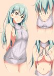  alternate_costume aqua_eyes aqua_hair backless_dress backless_outfit bare_back breasts butt_crack cowboy_shot dress from_behind hair_between_eyes halterneck highres kantai_collection large_breasts long_hair looking_at_viewer meme_attire multiple_views naked_sweater navel nemo_1988 ribbed_sweater sideboob sketch suzuya_(kantai_collection) sweater sweater_dress thighs turtleneck turtleneck_sweater virgin_killer_sweater wardrobe_error 