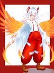  baggy_pants bangs cigarette commentary_request covering_mouth fujiwara_no_mokou hair_ribbon highres long_hair pants phoenix_wings puffy_short_sleeves puffy_sleeves red_eyes red_pants ribbon shan_zhu_feiyue short_sleeves smoking solo touhou tress_ribbon very_long_hair white_hair 