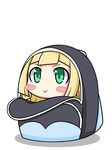  :&gt; backpack bag bangs blonde_hair blunt_bangs blush_stickers braid chagama_(tyagama0927) chibi green_eyes highres in_bag in_container lillie_(pokemon) long_hair looking_at_viewer open_bag pokemon pokemon_(game) pokemon_sm shadow sidelocks simple_background solo twin_braids v-shaped_eyebrows white_background 