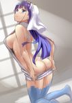  andou_shuuki ass backless_dress backless_outfit bare_back blue_eyes blue_legwear blush breasts clothes_pull dress fate/grand_order fate_(series) hair_ribbon halterneck kneeling large_breasts long_hair meme_attire naked_sweater purple_hair ribbon saint_martha sideboob solo sweater sweater_dress sweater_pull thighhighs turtleneck veil virgin_killer_sweater 