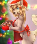  2016 anthro apron biped black_nose blonde_hair bow breasts canine christmas christmas_lights christmas_tree clothing cookie digital_media_(artwork) dog eating eyebrows eyelashes female food fur gloves hair hat heterochromia holidays kaiotawolf long_hair looking_at_viewer mammal naked_apron oven_gloves portrait red_clothing sadie_(desertpunk06) santa_hat side_boob side_view snout solo standing teeth three-quarter_portrait tray tree watermark white_fur white_tail 