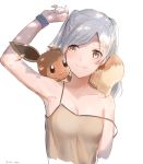  1girl bare_shoulders blush breasts brown_eyes creatures_(company) eevee female_my_unit_(fire_emblem:_kakusei) fire_emblem fire_emblem:_kakusei game_freak gen_1_pokemon gloves highres long_hair my_unit_(fire_emblem:_kakusei) nintendo pokemon pokemon_(creature) pokemon_(game) pokemon_lgpe silver_hair simple_background small_breasts smile snk_anm solo twintails white_background 