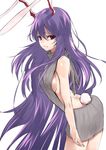  animal_ears arched_back ass asuzemu back backless_dress backless_outfit bangs bare_back bare_shoulders breasts bunny_ears bunny_tail closed_mouth cowboy_shot dress eyebrows_visible_through_hair from_side grey_ribbon grey_sweater hair_between_eyes halterneck lavender_hair legs_together long_hair medium_breasts meme_attire naked_sweater purple_hair red_eyes reisen_udongein_inaba ribbed_sweater ribbon sideboob simple_background solo sweater sweater_dress tail touhou turtleneck turtleneck_sweater very_long_hair virgin_killer_sweater white_background 