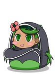  :d backpack bag bangs blush_stickers chagama_(tyagama0927) chibi dark_skin flower green_eyes green_hair hair_flower hair_ornament highres in_bag in_container long_hair looking_at_viewer mao_(pokemon) open_bag open_mouth pokemon pokemon_(game) pokemon_sm shadow simple_background smile solo trial_captain twintails v-shaped_eyebrows white_background 