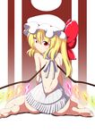  backless_dress backless_outfit bare_back blonde_hair bow commentary_request crystal dress flandre_scarlet frilled_hat frills halterneck hat hat_bow hat_ribbon highres kagayama_hajime kneeling looking_at_viewer looking_back meme_attire naked_sweater red_eyes red_ribbon ribbon side_ponytail smile solo sweater sweater_dress touhou virgin_killer_sweater white_hat wings 