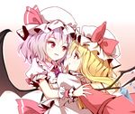  bat_wings blonde_hair blush bow commentary_request face-to-face flandre_scarlet gem hat hat_bow hat_ribbon incest looking_at_another minust mob_cap multiple_girls open_mouth purple_hair red_bow red_eyes red_ribbon remilia_scarlet ribbon siblings sisters touhou wings wrist_cuffs yuri 
