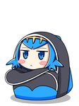  :&lt; backpack bag bangs blue_eyes blue_hair blush_stickers chagama_(tyagama0927) chibi hairband highres in_bag in_container looking_at_viewer open_bag pokemon pokemon_(game) pokemon_sm shadow short_hair simple_background solo suiren_(pokemon) trial_captain white_background 